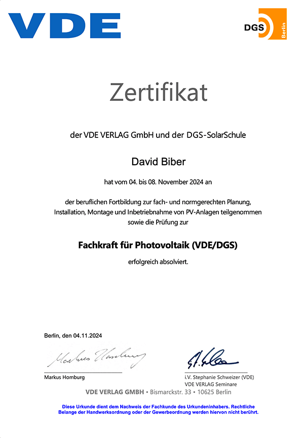 Zertifikat Fachkraft Photovoltaik